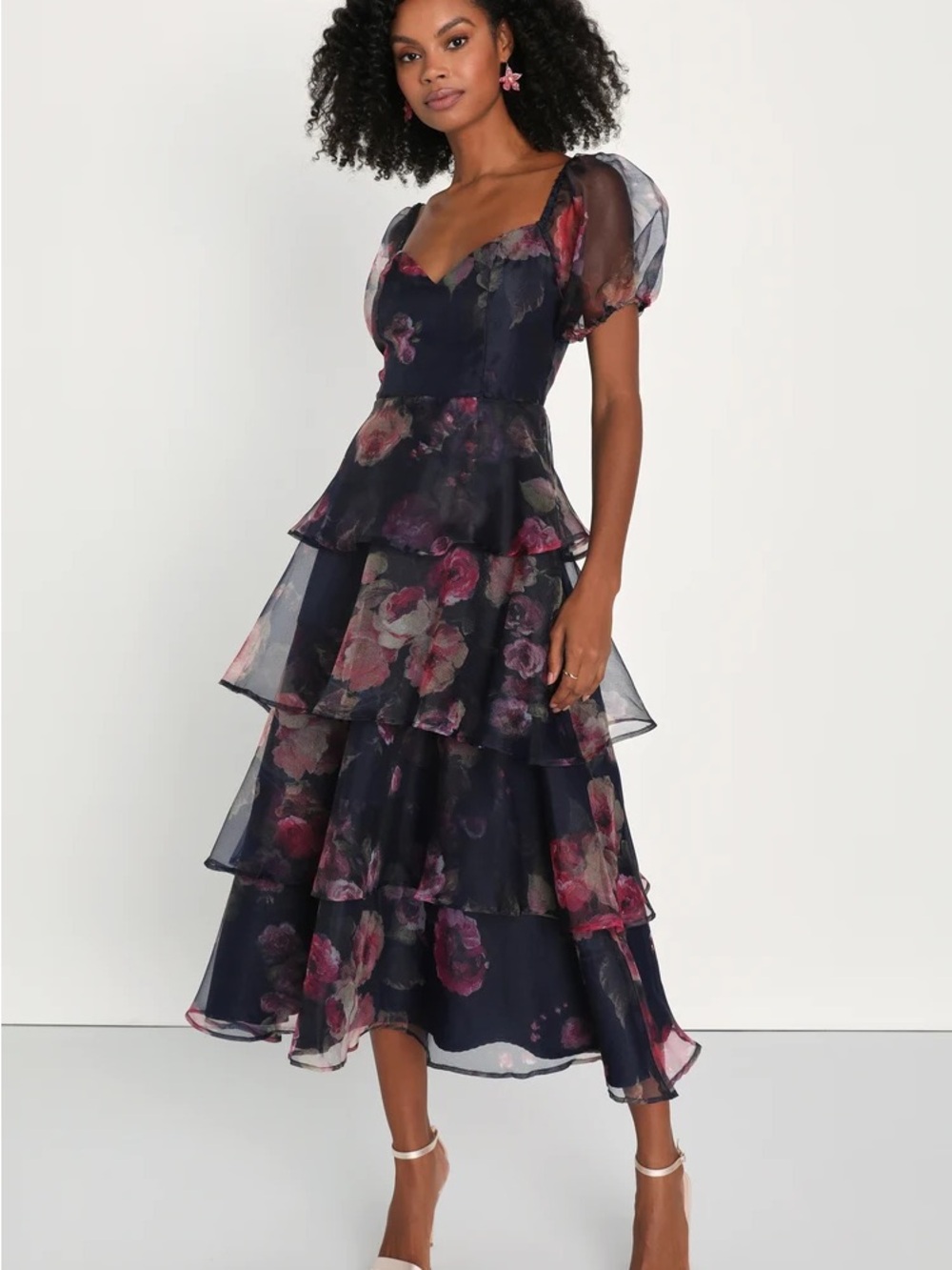 Lulu's Navy Floral Tiered Midi Dress with Pink Roses